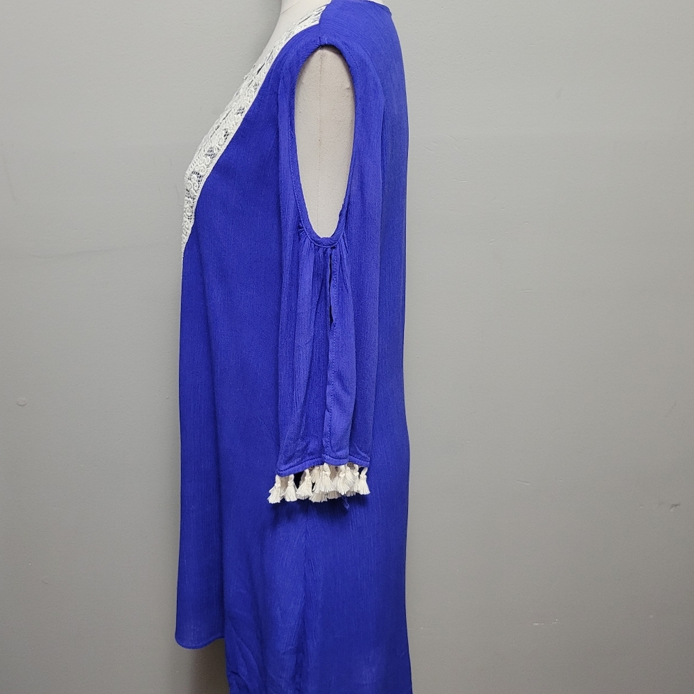 Entro blue crepe tassel crochet tassel trim shift dress size medium - Picture 3 of 7